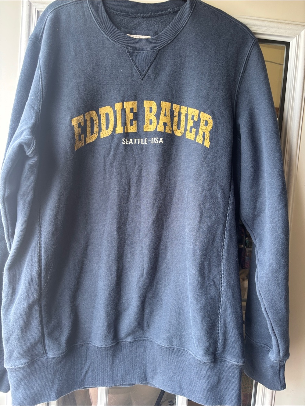 Eddie Bauer Men's Navy Crewneck Sweatshirt with Gold Arch Logo